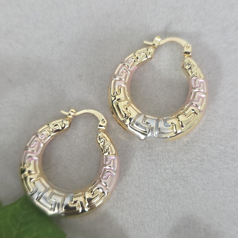 Gold Filled Tricolor Hooo Earrings Greek Key Design